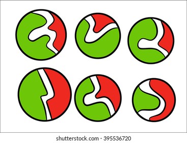 Set of vector circles with curved stripes on white background.