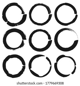 Set of vector circles grunge black stickers isolated on white background. A group of labels with uneven rough edges drawn with an ink brush. Vector design elements, 9 circle frames. Grunge backgrounds