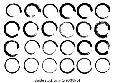 Set of vector circles with irregular stroke. Round brushstroke Different thicknesses and stroke style. Isolated figure. Grunge style.