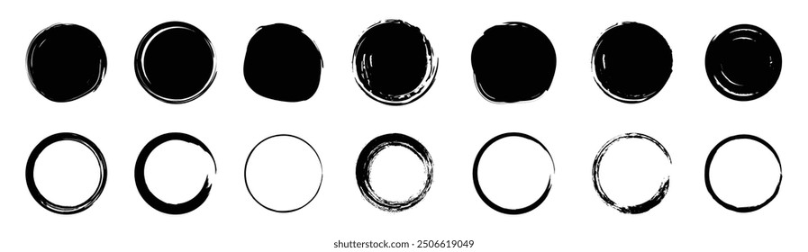 Set of vector circles with irregular stroke. Round brushstroke Different thicknesses and stroke style. Isolated figure. Grunge style.