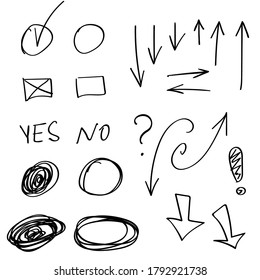 Set of vector circles, squares, rectangles, arrows, marks. Hand-drawn collection of doodle style various shapes. Isolated on white.