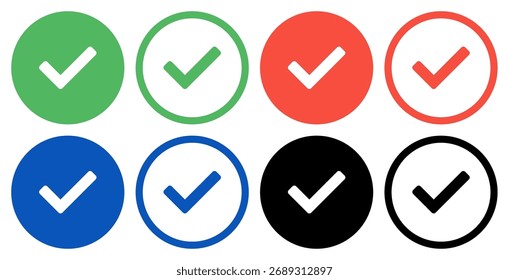Um conjunto de ícones de marca de verificação circular vetorial em verde, vermelho, azul e preto, com cada cor mostrando um estilo preenchido e um contornado projetado para elementos de interface do usuário, design da Web e projetos de interface do usuário do UX.