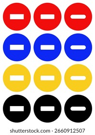 Um conjunto de ícones de remoção circular de vetor com sinais de menos em vermelho, azul, amarelo e preto, com várias variantes de estilo para controles de navegação de interface do usuário e UX.