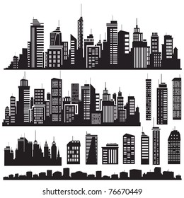 Set of vector cities silhouette and elements for design.