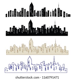 Set of vector cities silhouette. Night town on transparent background. Set of city landscapes