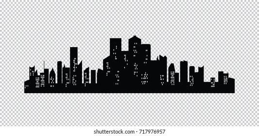 Set of vector cities silhouette. Night town on transparent background 
