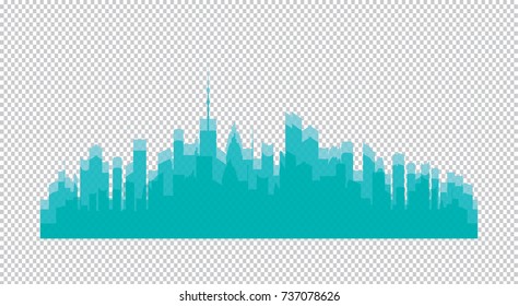 Set of vector cities silhouette. Night town on transparent background. Turquoise