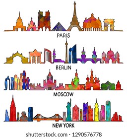 Set of vector cities silhouette Paris, Berlin, Moscow and New York, Triangular design