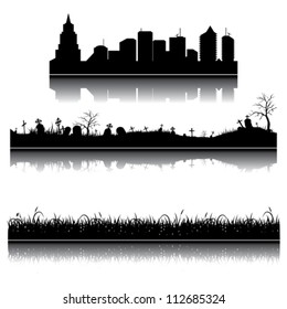 Set of vector city, grass and graveyard silhouettes