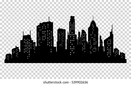 Set of vector city silhouette and elements for design. Isolated on pixelated background