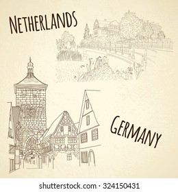 Set of vector city sketching on vintage background. Amsterdam, Netherlands. Rothenburg ob der Tauber, Germany