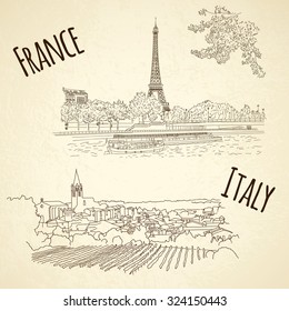 Set of vector city sketching on vintage background. Paris, France. Italy