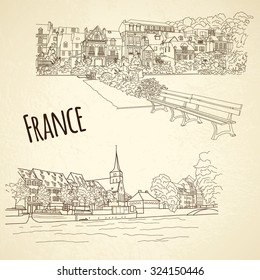 Set of vector city sketching on vintage background. Honfleur, Strasbourg, France