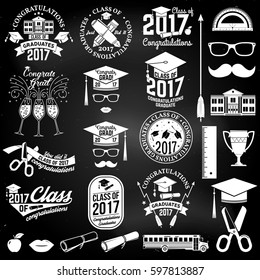 Set of Vector Class of 2017 badges and design elements on the chalkboard. Concept for shirt, print, seal, overlay or stamp, greeting, invitation card. Congratulation graduation.