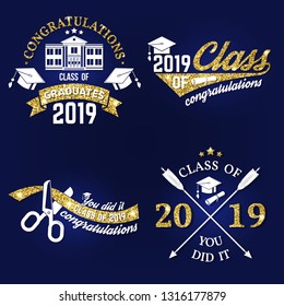 Set of vector Class of 2019 badge. Concept for shirt, print, seal, overlay or stamp, greeting, invitation card. Design with graduation cap, diploma, apple and text Class of.