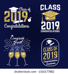 Set of vector Class of 2019 badge. Concept for shirt, print, seal, overlay or stamp, greeting, invitation card. Design with graduation cap, diploma, apple and text Class of.