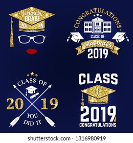 Set of vector Class of 2019 badge. Concept for shirt, print, seal, overlay or stamp, greeting, invitation card. Design with graduation cap, diploma, glasses, lips and text Class of.