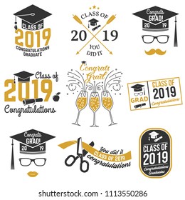 Set of Vector Class of 2019 badges. Concept for shirt, print, seal, overlay or stamp, greeting, invitation card. Typography design- stock vector.