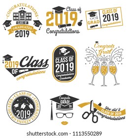 Set Of Vector Class Of 2019 Badges. Concept For Shirt, Print, Seal, Overlay Or Stamp, Greeting, Invitation Card. Typography Design- Stock Vector.