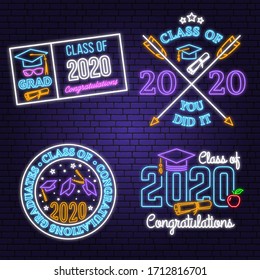 Set of Vector Class of 2020 neon bright signboard, light banner. Vector illustration. Neon typography design with graduation cap, diploma, mustache. Graduation design with hut and text Class of.