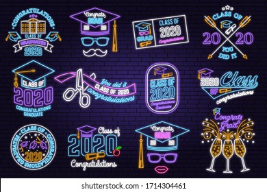 Set of Vector Class of 2020 neon bright signboard, light banner. Neon typography design with graduation cap, diploma, mustache. Graduation design with hut and text Class of.