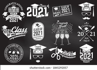 Set of Vector Class of 2021 badges. Concept for shirt, print, seal, overlay or stamp, greeting, invitation card. Typography design- stock vector.