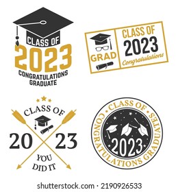 Set of Vector Class of 2023 badges Concept for shirt, print, seal, overlay or stamp, greeting, invitation card. Typography design- stock vector.