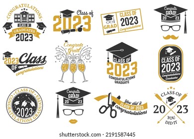 Set of Vector Class of 2023 badges Concept for shirt, print, seal, overlay or stamp, greeting, invitation card. Typography design- stock vector.