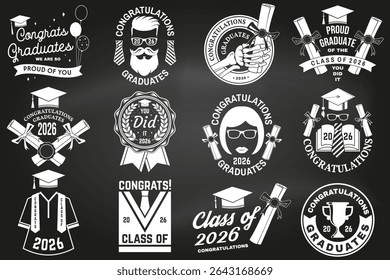 Set of Vector Class of 2026 badges on the chalkboard. Vector illustration. Concept for shirt, print, seal, overlay or stamp, greeting, invitation card. Typography design. For class of 2026 graduation.