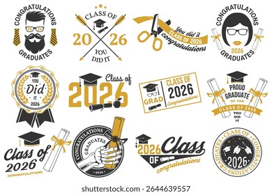 Conjunto de selos Vetor Class de 2026. Ilustração vetorial. Conceito para camisa, impressão, selo, sobreposição ou carimbo, saudação, cartão de convite. Projeto tipográfico. Para a graduação da classe de 2026.