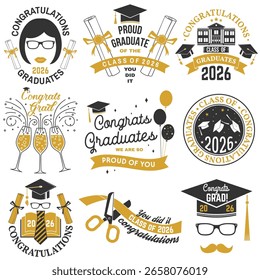 Conjunto de selos Vetor Class de 2026. Ilustração vetorial. Conceito para camisa, impressão, selo, sobreposição ou carimbo, saudação, cartão de convite. Projeto tipográfico. Para a graduação da classe de 2026.