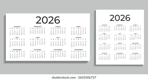 Set of vector classic calendars for 2026. Week starts on Sunday. Vertical and horizontal calendar in minimalist style