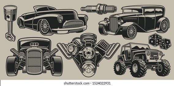 Set of vector classic cars and parts illustrations in vintage style