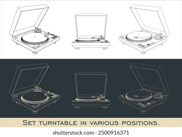 Establecer el Vector del reproductor de vinilo tocadiscos clásico en varias posiciones. aislado en fondo transparente