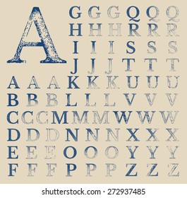 A set of vector classical Typography characters with simulated Heavy, medium and light ink printing.