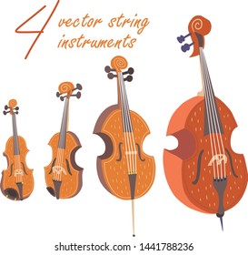 Set of vector classical wooden string music instruments: violin, alto, cello, double bass. Warm colors. 