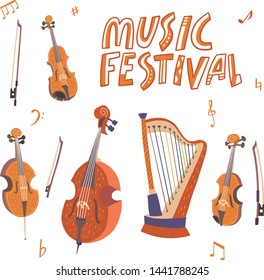 Set of vector classical wooden string music instruments: violin, alto, cello, double bass, harp, bows. Musical festival lettering. Warm colors. 