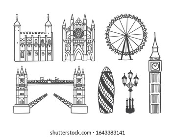 Set of vector clip art Architecture of London, the UK. Outline illustrations of Westminster Abbey, the Tower Bridge, the Tower of London, and other buildings Hand drawn doodle object isolated on white