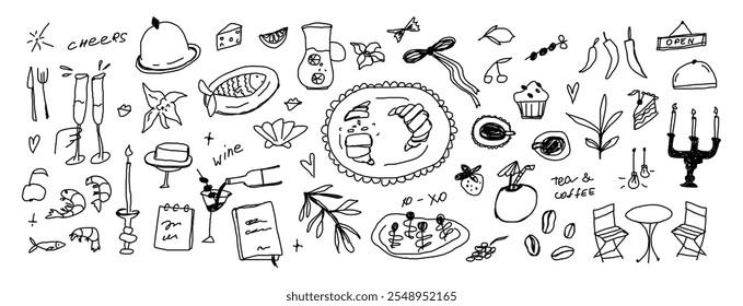 Conjunto de vetores clip art de comida, vinho, frutos do mar, queijo, bolo. Retro vintage arte de linha para design de menus, convites, mídias sociais. ícones de café da manhã em giz ou tinta estilo à mão livre, desenhos doodles.