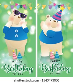 Set of vector clip art illustrations of brown teddy bear wishes you a happy birthday. Print, template, design element for greeting cards
