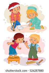 Set of vector clip art illustrations little boy sick and compassionate girl.