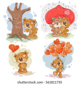 Set vector clip art illustrations of enamored teddy bears