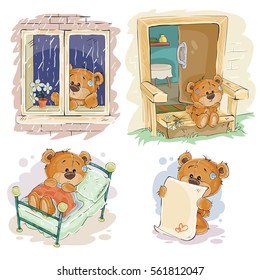 Establecer ilustraciones de imágenes prediseñadas vectoriales de osos de peluche aburridos.