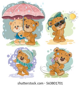 Set of vector clip art illustrations of teddy bear and different seasons