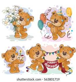 Set of vector clip art illustrations of teddy bear wishes you a happy birthday