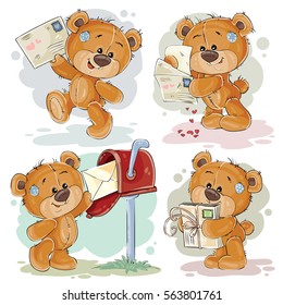Set of vector clip art illustrations of teddy bear gets and sends letters