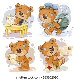 Set of vector clip art illustrations of teddy bear gets and sends letters, he postman