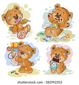 Set of vector clip art illustrations of teddy bear sweet tooth. Funny illustrations on the theme of love for sweets