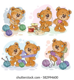 Set of vector clip art illustrations of teddy bears and their hand maid hobby - sewing, knitting