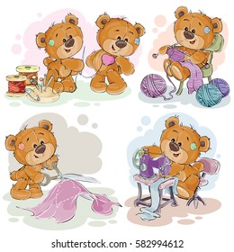 Conjunto de ilustraciones vectoriales de osos de peluche y su hobby de criada a mano - coser, tejer